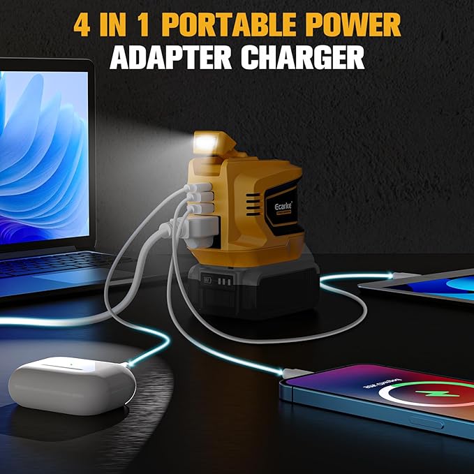 Ecarke 200W Portable Power Inverter Compatible with DeWALT 20V Battery, DC 18V to AC 110V Power Station with 1 AC Outlet, 2 USB, 1 Type-C & LED Light, for Outdoor Emergency Use (No Battery)(2-Pack)