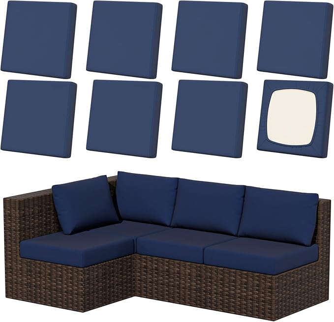 8Pcs Patio Stretch Cushion Covers, Outdoor Couch & Sofa Replacement Slipcovers for Patio Furniture Cushion Covers, Washable Reusable Furniture Protector, Square Large, Navy Blue
