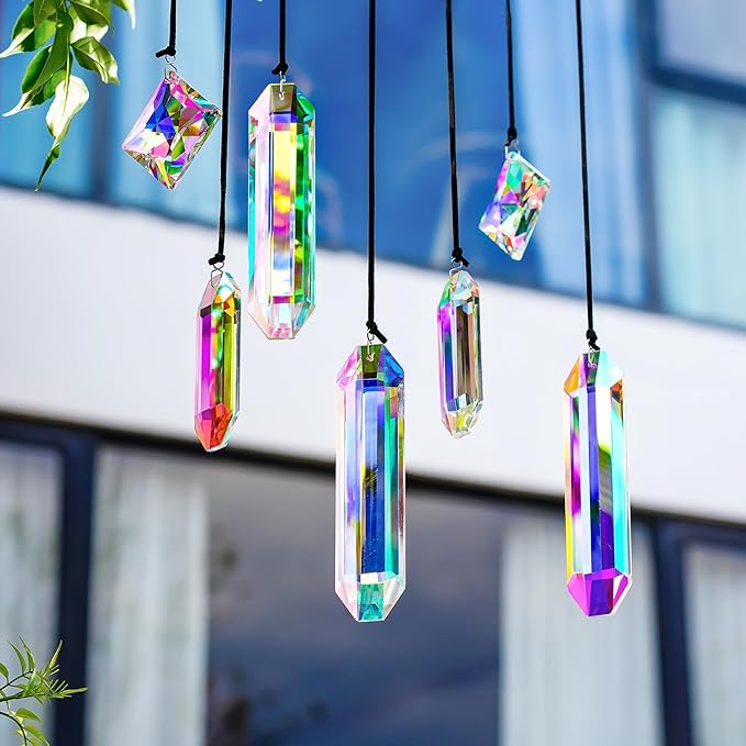 HDCRYSTALGIFTS Set 7 Crystal Sun Catcher Prisms, AB Colored Suncatcher Crystals Indoor Window Hanging Ornaments Rainbow Maker Prisms for Home Garden Decor