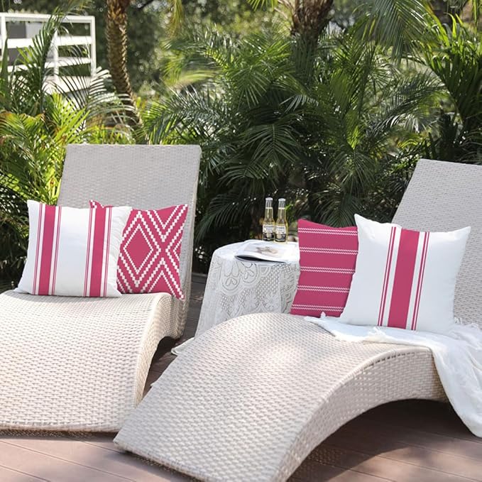 DFXSZ Outdoor Pillow Covers 18x18 Inch Set of 4 Hot Pink Waterproof Modern Geometry Throw Pillows Outdoor Summer Waterproof Decor for Patio Funiture Garden Polyester Cushion Covers 013L18