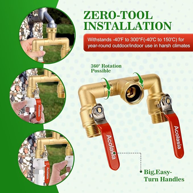 Hose Splitter 2 Way Heavy Duty Brass Garden Hose Splitter with 360° Rotatable, 304 Stainless Steel Long Handle Outdoor Full Flow Hose Splitter Connector, 3/4" GHT Thread