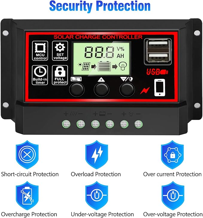 [Upgraded] 30A Solar Charge Controller, Black Solar Panel Battery Intelligent Regulator with Dual USB Port 12V/24V PWM Auto Paremeter Adjustable LCD Display (30a)