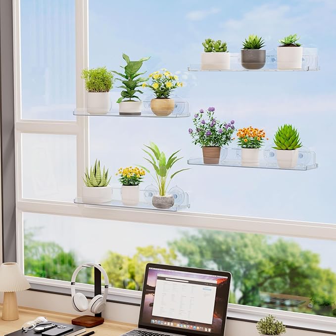 Lifewit Window Plant Shelves 14.6", 3 Pack Acrylic Suction Cup Floating Shelf for Bathroom Mirror, or Kitchen Wall, Clear No-Drill Window Sill Extender for Indoor Micro Greens 37 x 9 cm/14.6x3.6