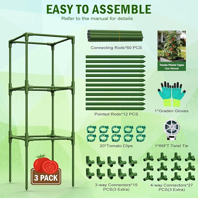 Uyittour 3 Pack Square Tomato Cages for Garden, 45" Heavy Duty Tomato Trellis Plant Support Cages for Raised Garden Bed Climbing Vegetables, Set with Garden Gloves, 20 Clips & 65FT Tie Wire