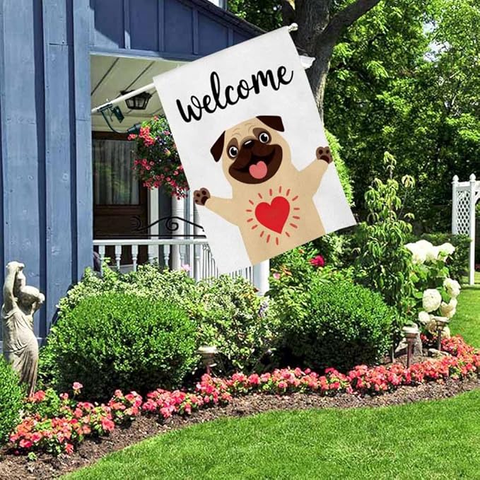AOYEGO Funny Dog Welcome House Flags 28 x 40 Double Sided Burlap Greeting Cute Dog Sweet Pug Hug Yard Flags Spring Summer Farmhouse Seasonal Outdoor Flag