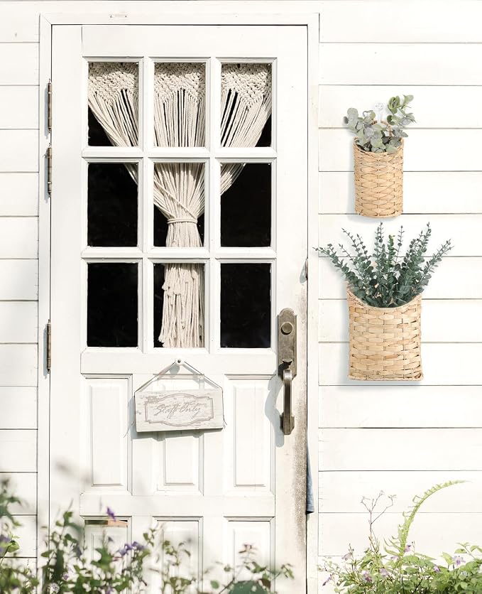 AceList Woven Hanging Basket for Front Door Set of 2, Built-in Iron Frame Handmade Water Hyacinth Wall Mounted Organizer, Natural Wicker Storage for Mail Flowers, Boho Farmhouse Decor for Home