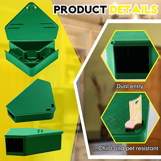 Qualirey 24 Pcs Mice Station with Key Triangle Mouse Station Lockable Reusable Bait Box, Enclosed Design for Indoor and Outdoor Use, Suitable for Small Mice (Green)