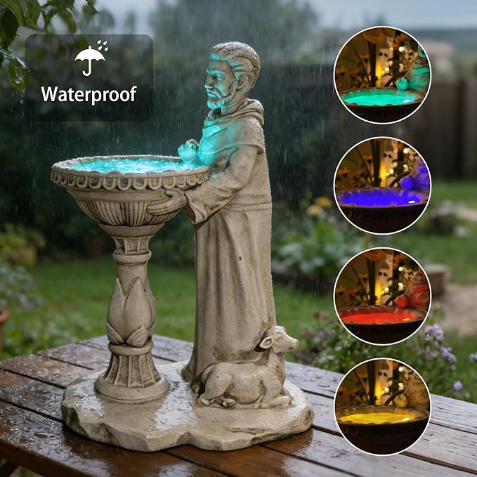 Sheaifun St Francis Garden Statue Outdoor Solar Garden Decor Resin 10.5 Inch Tall Colorful Lights St Francis Statue with Bird Bath Feeder for Yard Patio Lawn Decoration Religious Gifts for Women