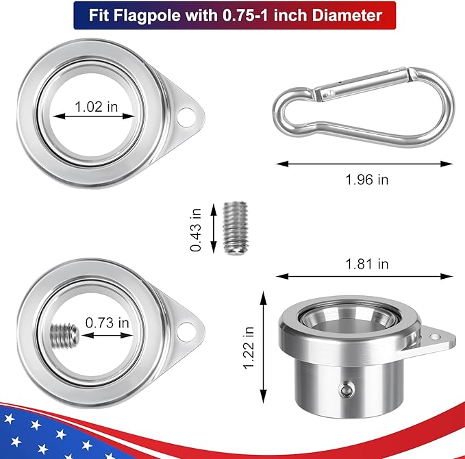 Bearing Steel Ball Flag Pole Rings, Tangle Free Aluminum Alloy Flag Pole Spinners, 360° Rotating Flagpole Rings with Carabiners, Fit Flagpole with 0.75-1inch Diameter, Flagpole Parts, 1 inch Silver