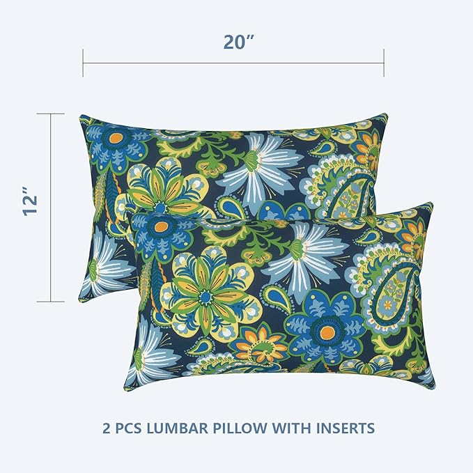 LVTXIII Set of 2 Patio Lumbar Pillows, 12" x 20" Fade Resistant Outdoor Lumbar Pillow with Inners, Fluffy Decorative Garden Lumbar Cushions for Home Patio Coach Sofa Use, Flower Child