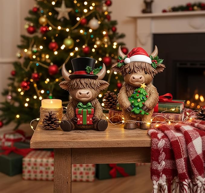 Simgoing 2 Pack Christmas Highland Cow Figurines Highland Cow Statues with Santa Hat Resin Xmas Figurine Merry Christmas Table Decoration for Winter Holiday Farmhouse Tiered Tray Garden Home Gift