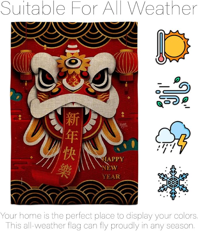 Happy Lion Dance Wall Decor American Flag Banner Pack Patio Garden Patriotic Outdoor Yard Indoor Burlap Tapestry Lunar New Year Gifts Chinese Decorations Made in USA