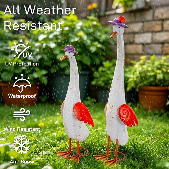 22" Duck Garden Statue Set of 2 Metal Ducks | Outdoor Decor Porch Animal Figurine Yard Art Sculptures Rustproof Lawn Ornament for Outside Patio Backyard Decorations