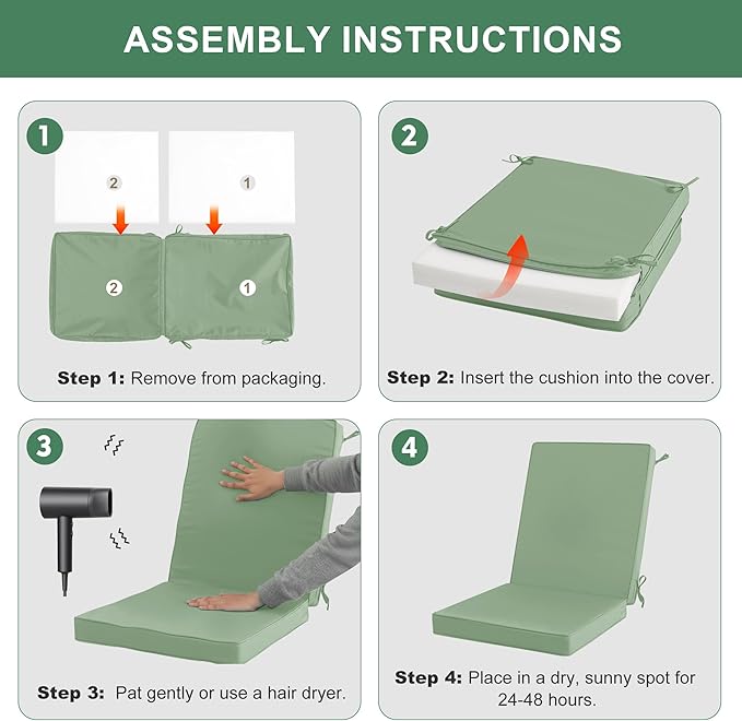 Summsun Patio Dining Chair Cushions 4 Pack, High Back Outdoor Seat Cushion Set with Splash-Proof Removable Covers, Ties, Non-Slip Bottom for Garden Lawn Patio Furniture, 44 x 20 Inch, Sage Green
