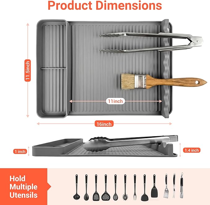 2Pack Silicone Grill Mat for Blackstone - 16x11.5 Inch Non-Slip Tool Mat with Sauce Drip Pad & Wavy Grip, Outdoor BBQ Accessories & Gifts for Men, Dad, Grilling （Grey）