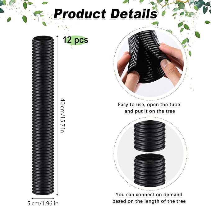 Nuenen 12 Pcs Corrugated Tree Guards, Long 15.75 Inch Diameter 1.96 Inch Pp Tree Trunk Protectors, Tree Bark Protector Tube Wraps for Saplings Plants Seedlings Deer Rabbit Cats Rodents Mowers (Black)