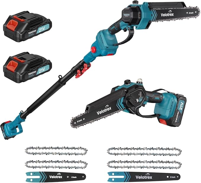 2-in-1 Cordless Pole Saw, 6 and 8 Inch 1000W Brushless Electric Pole Saws for Tree Trimming with 2 Batteries, 16ft Max Reach, Pole Chainsaw for Tree Limb Branch Wood Cutting