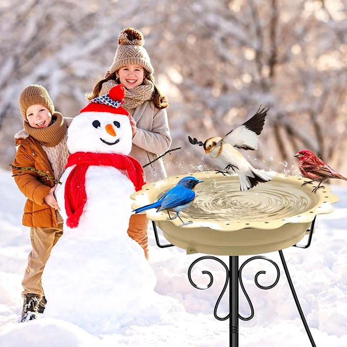 Heated Bird Bath for Outside Winter, Powerful 100W Thermostat Control Heated Bird Baths for Outdoors with 5-Prong Metal Stake, Heated Birdbath Water Heater for Garden Yard Patio Lawn (Khaki)