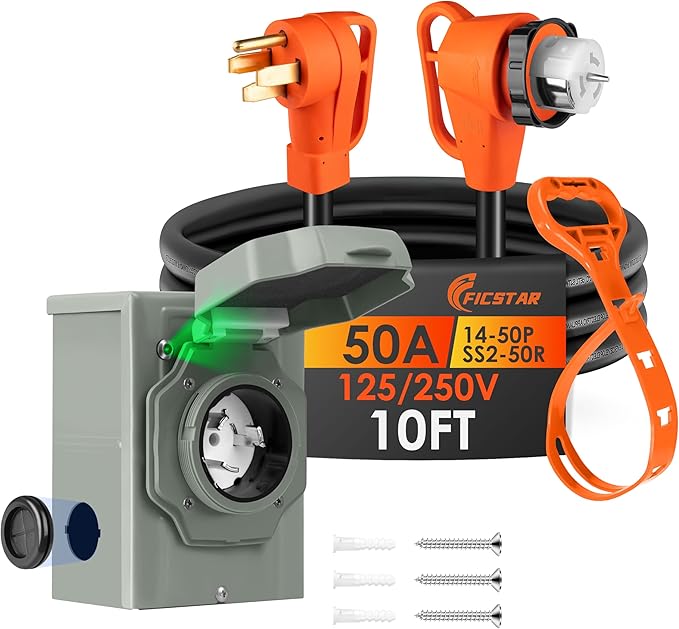 10FT 50 Amp Generator Cord and Power Inlet Box Kit, NEMA 14-50P to SS2-50R Generator Extension Cord, Pre-Drilled 50 Amp Generator Inlet Box with STW Wire, 125/250V, 12500W;UL&ETL Listed