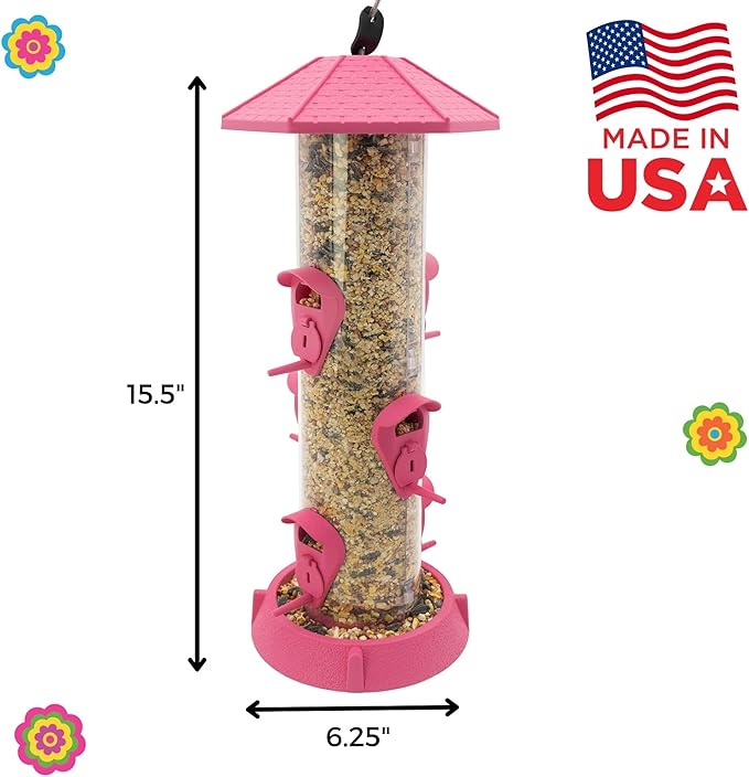 North States Village Collection - 2-in-1 Hinged-Port Birdfeeder Fiesta Pink: Hanging Bird Feeder for Outdoors, Holds 1.75 Pounds of Seed