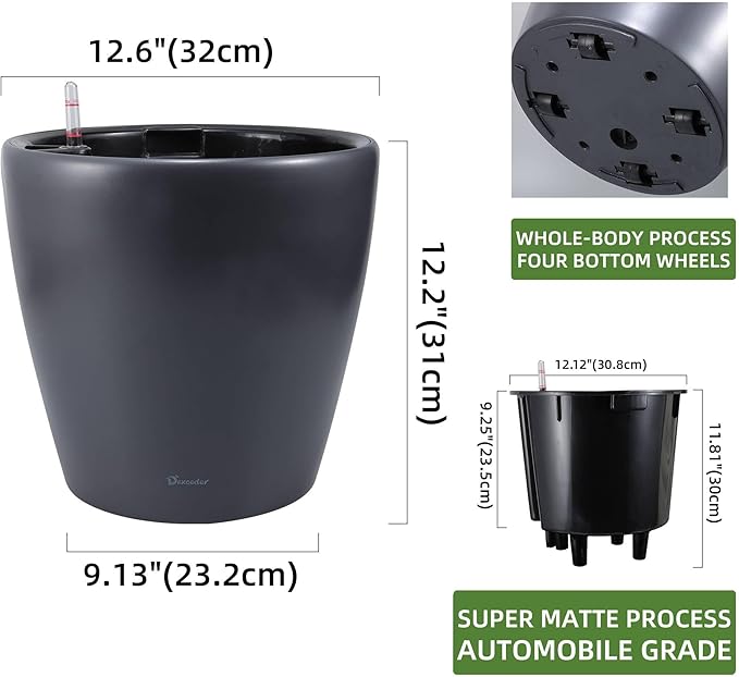 Dexceder 13x12 Self Watering Planter with Wheels (Slate Gray Matte) | Inner Pot Design, Thickened Large Floor Standing Flower Plant Pot with Water Level Indicator Indoor Outdoor