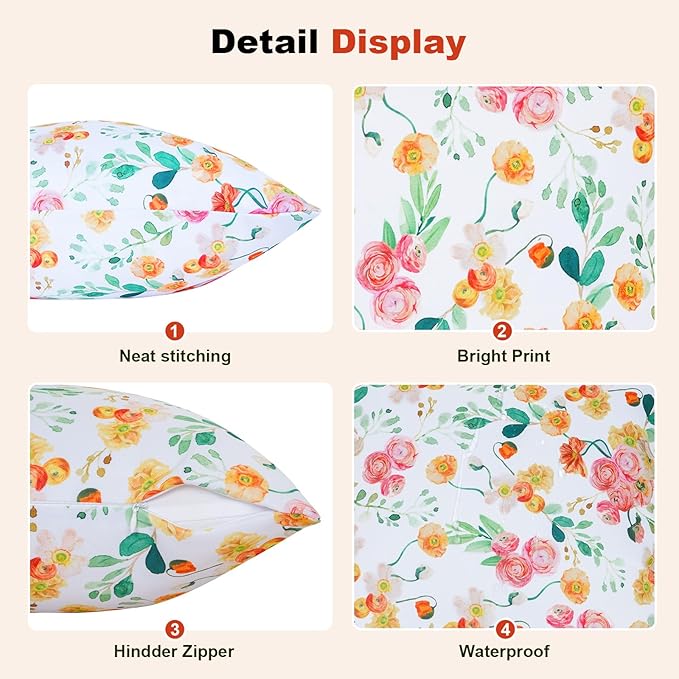 SquarePie Outdoor Pillow Covers 18x18 Inch Set of 2 - Waterproof Rose Square Cushion Covers for Patio Garden Furniture, Watercolor Florals Throw Pillow Cases for Couch Sofa Balcony Bench