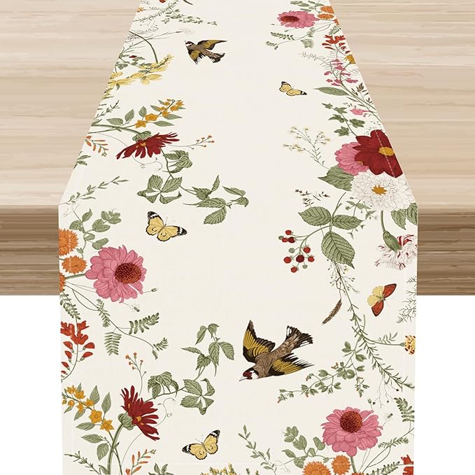 Floral Birds Table Runner, Rustic Seasonal Watercolor Spring Flower Plants Wildfloral Boho Coffee Table Center Decor for Family Kitchen and Dining Farmhouse Party Table Decorations, 13"x72"