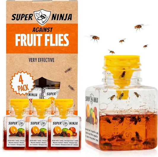 Super Ninja Fruit Fly Traps for Indoors - 4 Pack, Highly Effective Fruit Fly Catcher for Indoor Use for Home & Kitchen, Up to 3 Weeks of Performance per Bottle, Kid & Pet Friendly
