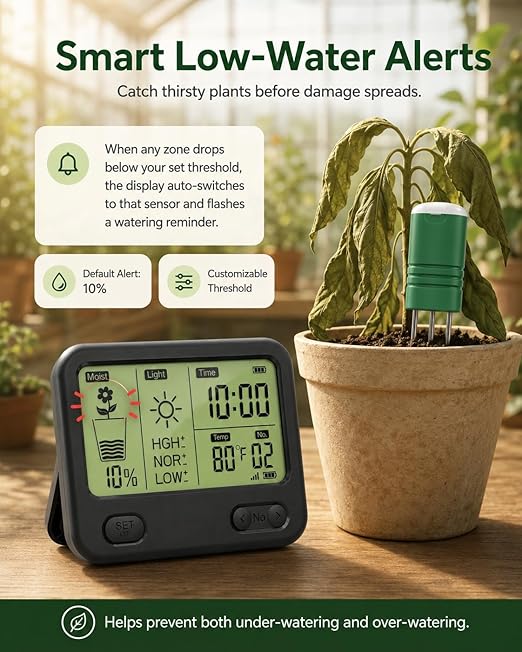 Soil Moisture Meter for Plants, Multi-Zone Wireless Soil Test Kit & Soil Thermometer, TDR 4-in-1 Plant Water Meter, 230ft RF, IPX5 Waterproof, Indoor Outdoor Garden Lawn Farm(Display+2Sensor)