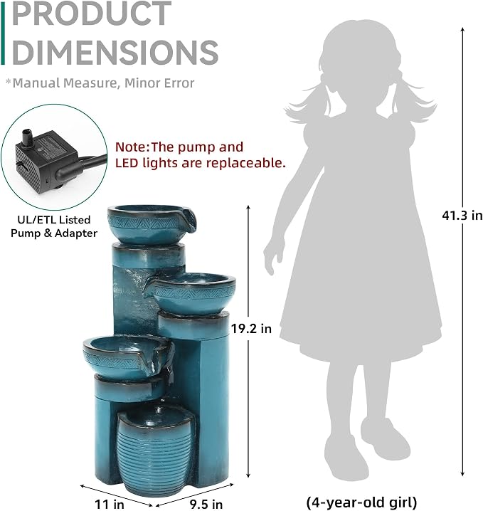 AUTODAYA 19.3" Outdoor Water Fountain with LED Lights, 4-Tier Cascading Water Feature with Pump, Turquoise Faux Ceramic Pedestal Waterfall for Garden, Patio, Yard or Porch