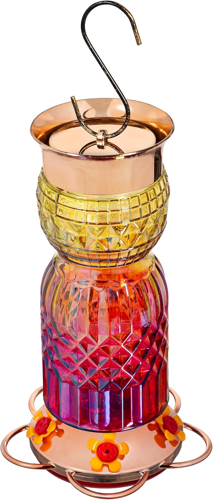 Evergreen Garden Iridescent Glass Hummingbird Feeder, 31 Ounces Hanging Bird Feeder Outdoors for Garden, Patio (Orange Ombre)