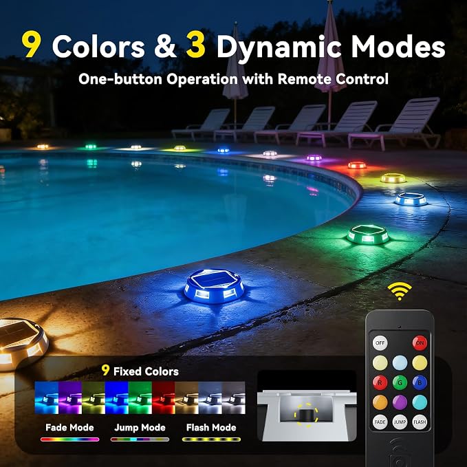 AGPTEK Round 12 Modes 9 in 1 Solar Driveway Lights with Remote Control 12 Pack-30H Runtime, IP67 Waterproof, 3-Ton Load Capacity, RGB Color Changing Outdoor Lights for Patio, Garden, Deck, Dock, Step