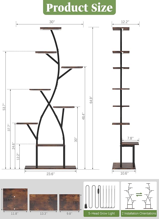 Plant Stand Indoor with Grow Lights 65" Tall Plant Shelf Corner Lighted Plant Stands for Indoor Growing Multiple Metal 8 Tiered Large S-Shape Display Shelves Plant Rack for Home Decor Patio Balcony