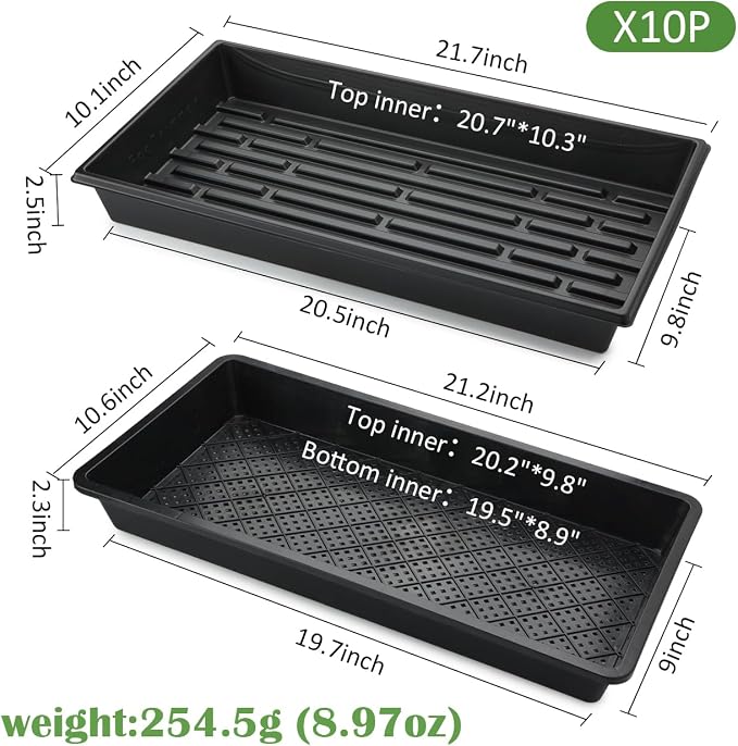 RooTrimmer 10 Pack 1020 Trays and 10 Pack 1020 Mesh Bootom Trays, 20'' x 10'', Heavy Duty Propagation Flats for Microgreens, Seed Starting, Soil Blocks, Hydroponics & Wheatgrass (10 Sets)