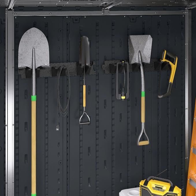 Suncast 4 Pack Long Handle Tool Organizer, Resin Wall Mount Storage Rack with Interlocking Hook System for Garage or Closet, 4.5” x 25” x 5.25”, Black
