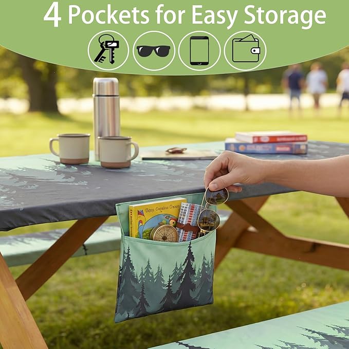 Fitted Waterproof Picnic Table Cover with Bench Covers Elastic Edges Camping Tablecloth for 6 Foot Rectangle Tables Camp Cooking Motorhome Hiking Equipment Car Rv Travel Trailer Needs Gifts