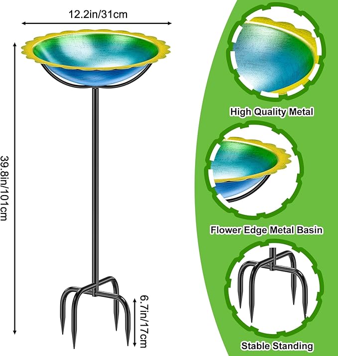 Metal Bird Bath for Outside, Garden Birdbath Bowl Freestanding Bird Feeders for Outdoors with 4 Prongs Base Stake, Standing Birdfeeders for Yard Lawn Decor (Blue Yellow)