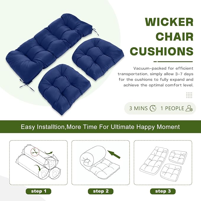 Wicker Chair Cushions Set, 2 U-Shaped Cushions & 1 Loveseat, Waterproof Outdoor Loveseat Cushion for Patio Furniture, Settee Bench Pad All Weather,Navy Blue