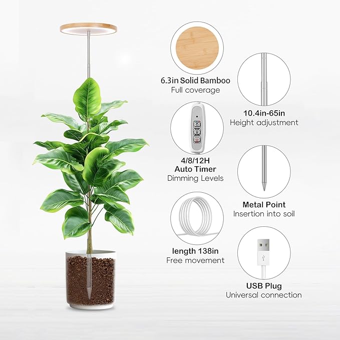 LBW Plant Grow Light,72 LEDs Full Spectrum Grow Lamp for Indoor Plants,Bamboo Plant Lights with 4/8/12H Timer,Height Adjustable,Ideal for Large Tall Plants,Bamboo