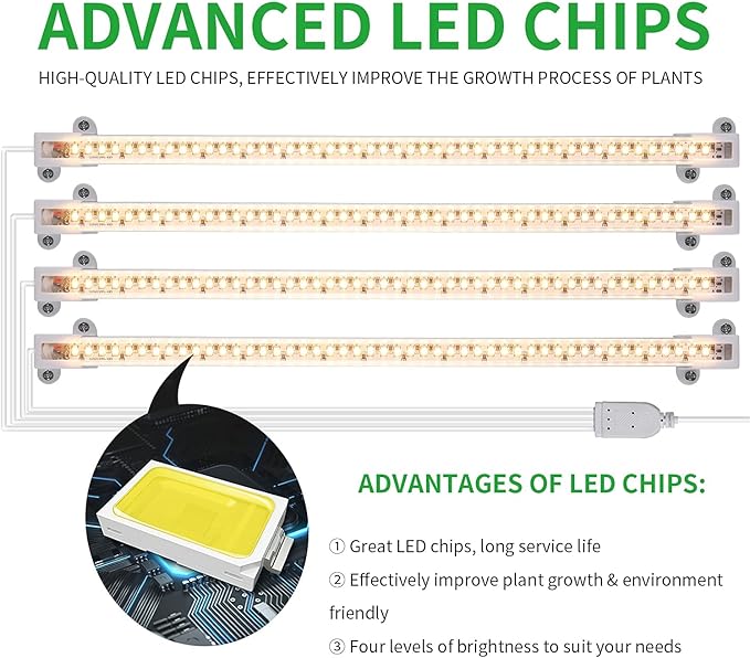 RWNTAO LED Plant Growing lamp, 3500K Full Spectrum Grow Light Strips for Indoor Plants with 3/9/12H Timer & 10 Dimmable Levels, Led Growth Light for Green House Hydroponics Succulent 13In 4Head