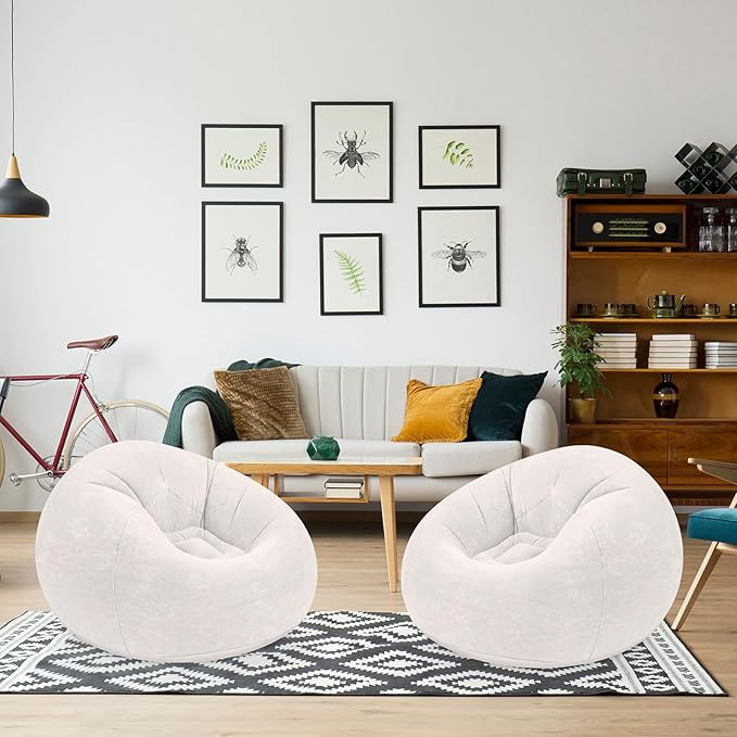 Realspring Inflatable Bean Bag Chairs Outdoor Blow up Camping Chairs Inflatable Lazy Sofa Folding Portable Bean Bag Loungers Couch for Movie Night(Beige,2 Pcs)