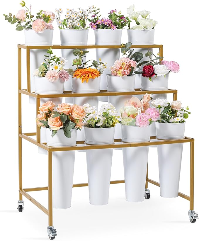 Flower Cart Display Stand, 3 Layers Metal Flower Bar Stand with 360° Swivel Wheels and Brake, Flower Display stand with Iron Buckets, Durable than Plastic Buckets, Flower Holder for Florist or Wedding