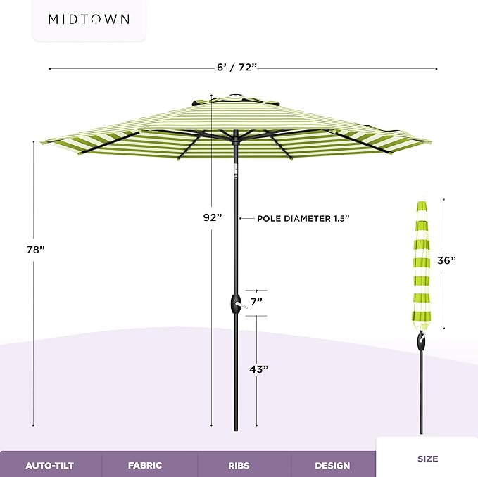 Midtown Umbrellas - 10-Year-No-Fade 6 Ft Patio Umbrella with Terylast Fabric, Auto-Tilt Aluminum Frame and 8 Reinforced Ribs for Deck, Pool, Garden & Beach - Green/White Stripes Canopy, Black Pole