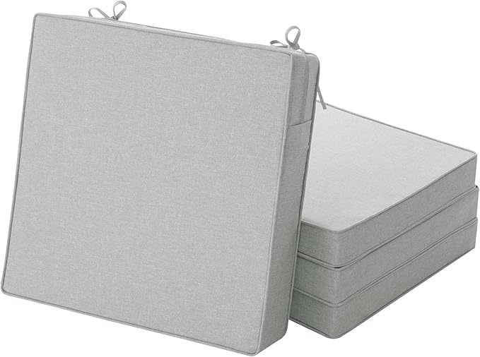 Outdoor Chair Cushions, Water-Resistant & Fade-Resistant, Patio Furniture Square Seat Replacement Chair Pads with Ties, Removable Cover, Non-Slip Bottom, Set of 4, 20 x 20 Inch, Light Grey