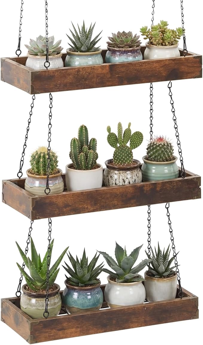 3 Tier 16" Hanging Plant Window Shelf Large Hanging Plant Holder Wood Frame Metal Chain Floating Wall Flowerpot Organizer Storage for Herbs Microgreens Succulents Balcony Living Room