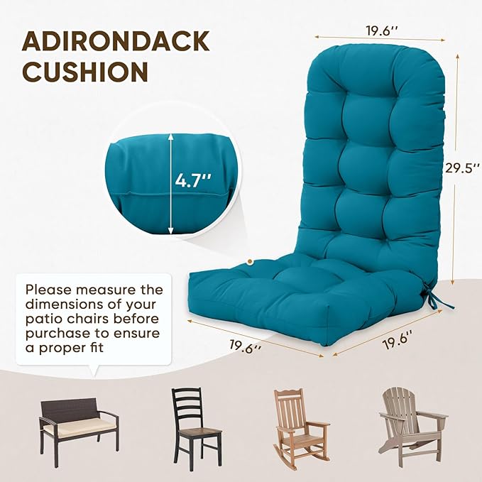COOS BAY High Back Adirondack Chair Cushions for Outdoor Furniture, 49x20x5 in Water-Resistant Thick Tufted Patio Chair Cushions with Secure Straps, Set of 2, Peacock Blue