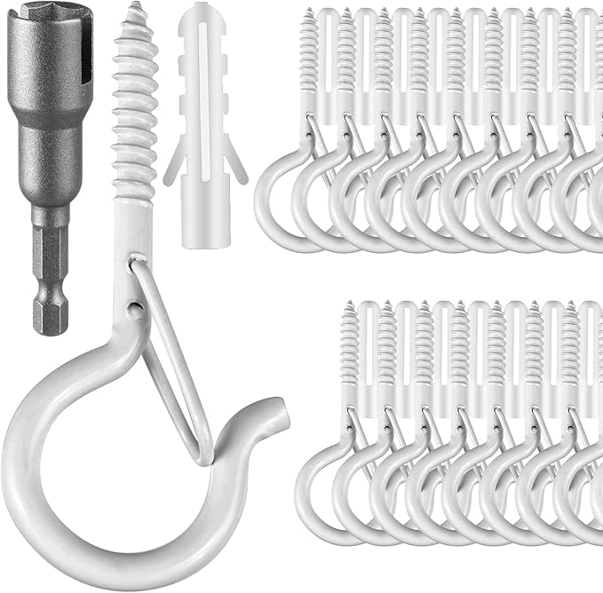 50 Pcs Screw-in Hooks for Outdoor String Lights, Q Hangers Hooks for Outside, Swivel Hanging Basket Patio Hooks with Safe Buckle, Screw in Plant Eye Hook for Wall Ceiling with 1 Wing Nut Driver, White