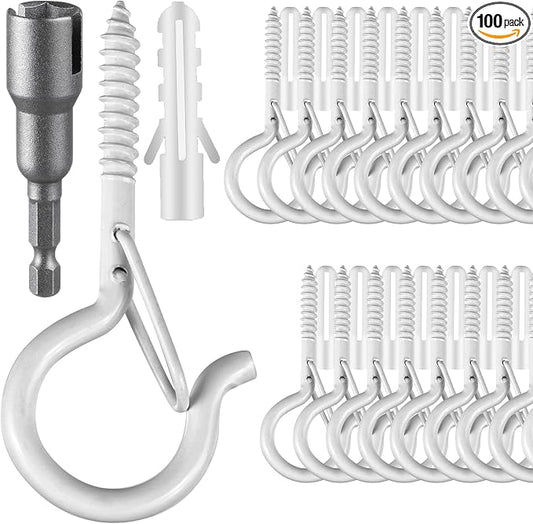 100 Pcs Screw-in Hooks for Outdoor String Lights, Q Hangers Hooks for Outside, Swivel Hanging Basket Patio Hook with Safe Buckle, Screw in Plant Eye Hook for Wall Ceiling with 1 Wing Nut Driver, White