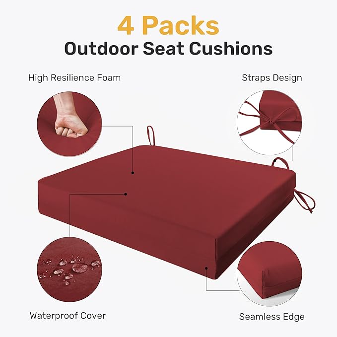 UNIKOME Outdoor Chair Cushions Pack of 4, Water Resistant Patio Cushions with Ties, High Density Sponge Filling Square Corner Seat Cushions for Outdoor Furniture, 18.5"*16"*3", Wine