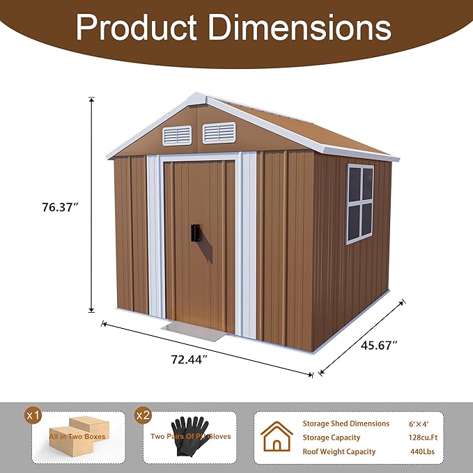 YOPTO 6X4 FT Heavy-Duty Metal Storage Shed with Windows,Waterproof Sheds & Outdoor Storage w/Rolling Door Lockable Door & Ventilation,Tool Organization,Sloped Roof,4-Season Ready,Brown
